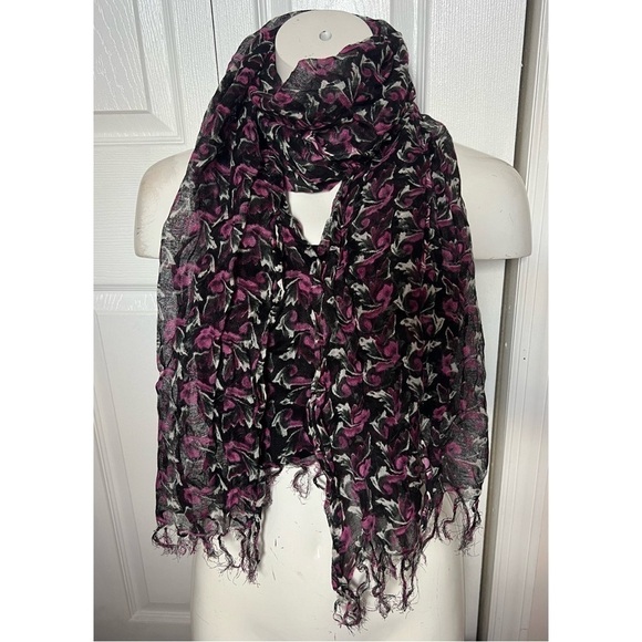 Urban Outfitter Black Pink Floral Woven Lightweight Scarf Shawl Fringe Ends - Picture 1 of 3